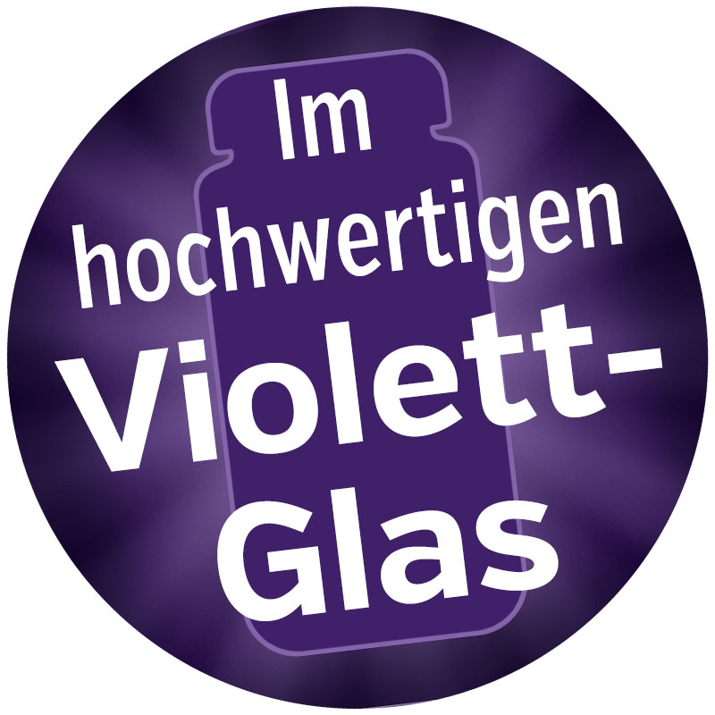 Im hochertigen Violettglas Button Rundes Etikett mit dem Text "Im hochwertigen Violett-Glas" auf lila Hintergrund.