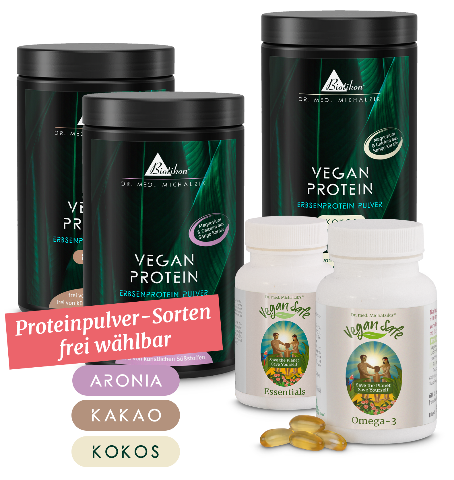 Pflanzenprotein-Pulver – 500 g Sorten Drei Dosen Pflanzenproteinpulver in verschiedenen Geschmacksrichtungen und zwei Flaschen Nahrungsergänzungsmittel, in weiß und braun, auf weißem Hintergrund.