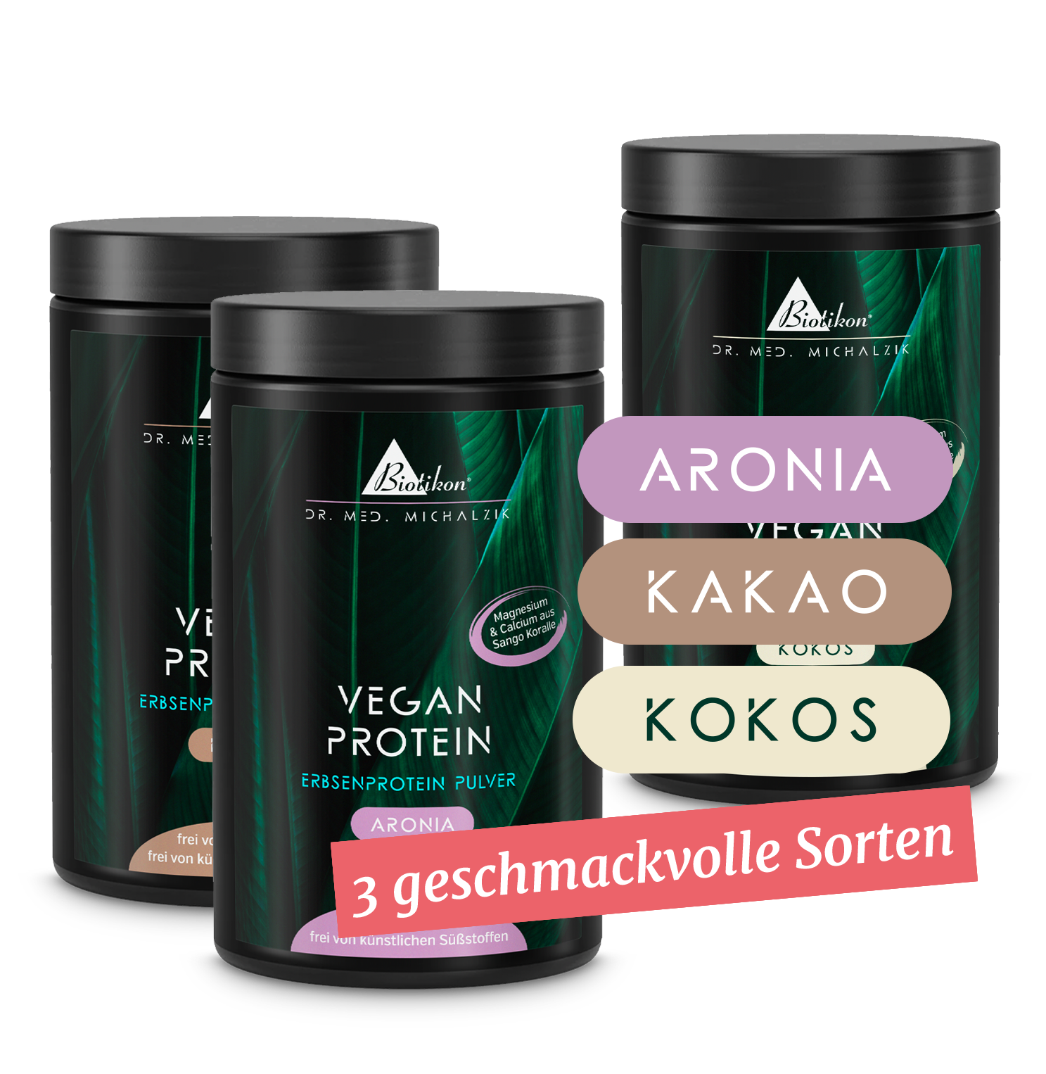 Pflanzenprotein-Pulver – 3 Sorten Drei Dosen Pflanzenprotein-Pulver in Aronia, Kakao und Kokos, verschiedene Farben, Frontansicht.
