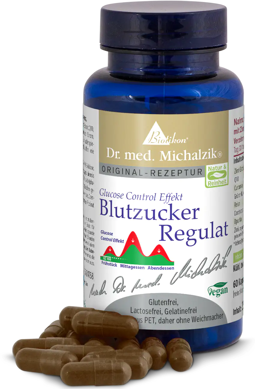 Blutzucker Regulat – 60 Kapseln Flasche mit 60 veganen Kapseln in braun, blaues PET-Gehäuse, Sicht auf Etikett und Kapseln.