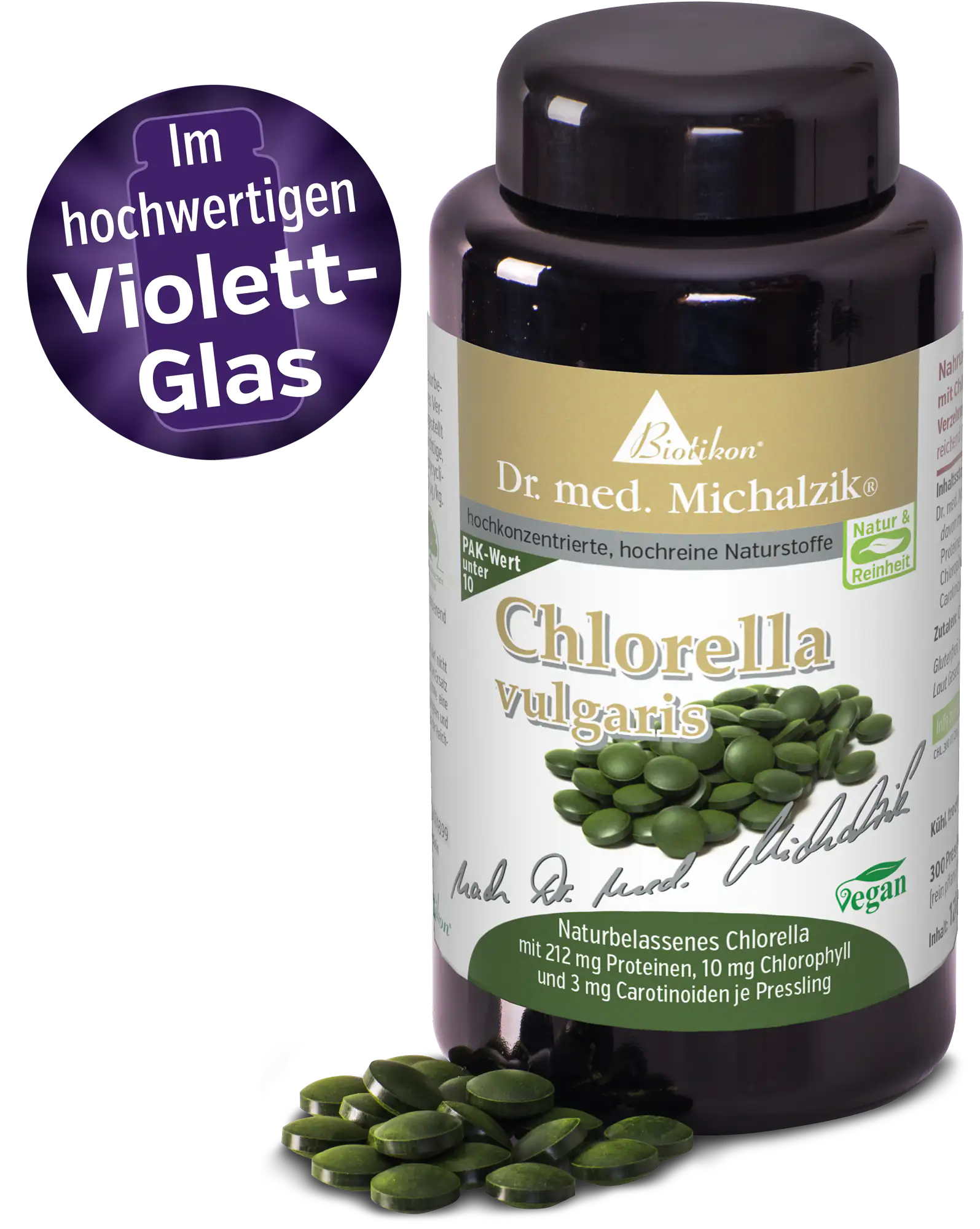 Chlorella Tabletten im hochwertigen Violett-Glas, 200 Stück, grüne Algen.