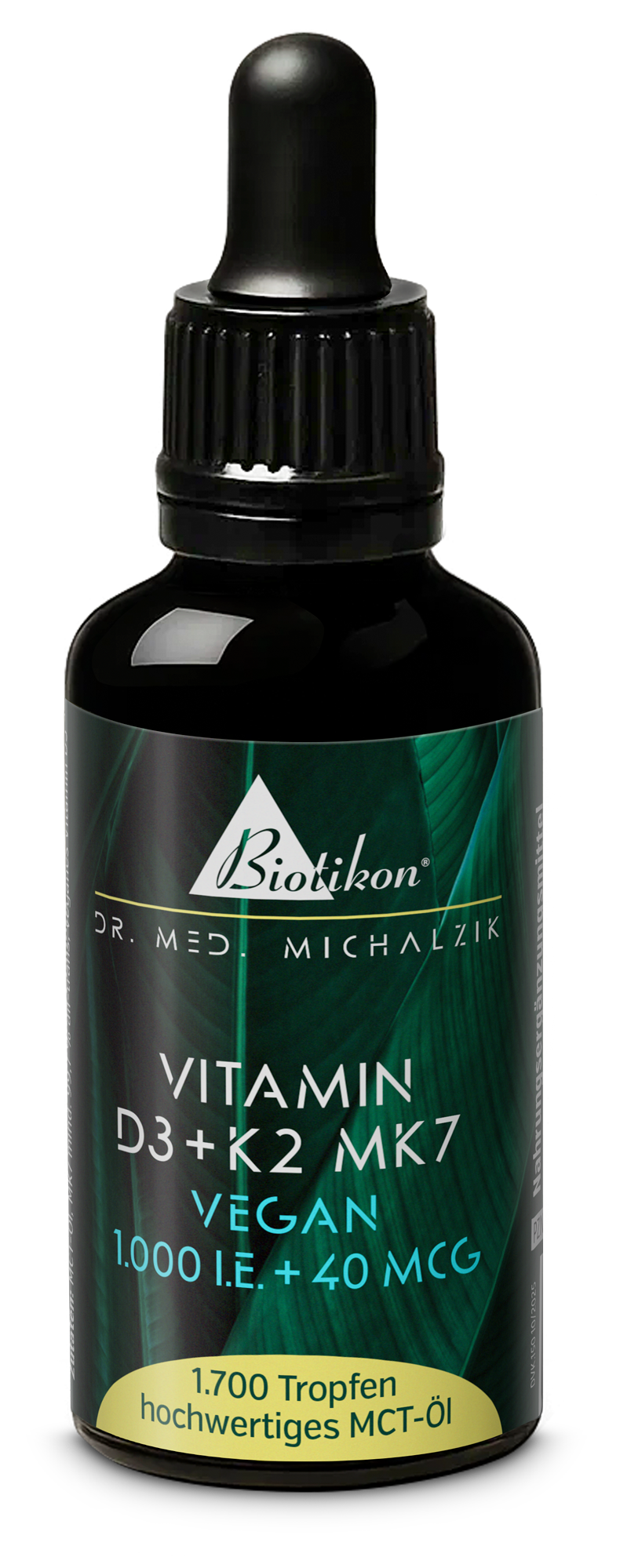 Flaska med vitamin D3 och K2 MK7, 1000 IE och 40 mcg, 1750 droppar, mörk färg, droppipett