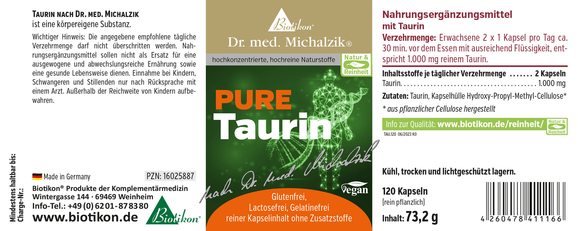 Nahrungsergänzungsmittel Taurin in veganen, glutenfreien Kapseln, 120 Stück, grünliche Verpackung.