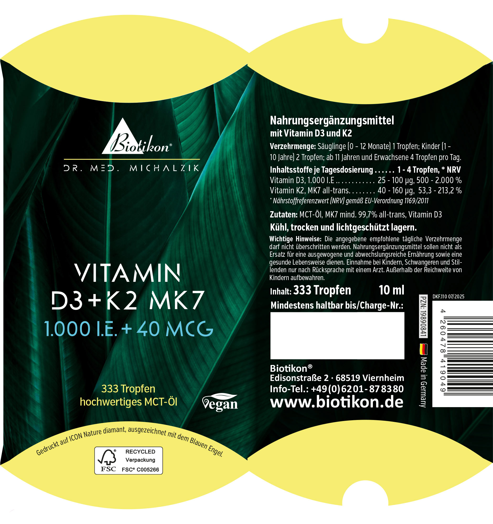 Nahrungsergänzungsmittel mit Vitamin D3 und K2, 333 Tropfen, 10 ml, grüne Verpackung, vegan, Sicht von vorne.