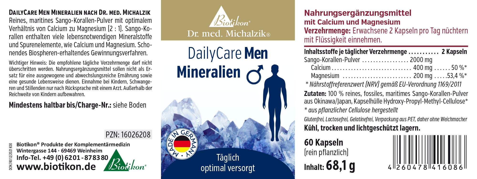 60 Kapseln Sango-Korallen-Pulver mit Calcium und Magnesium in transparenter Verpackung, grau-weißer Hintergrund.