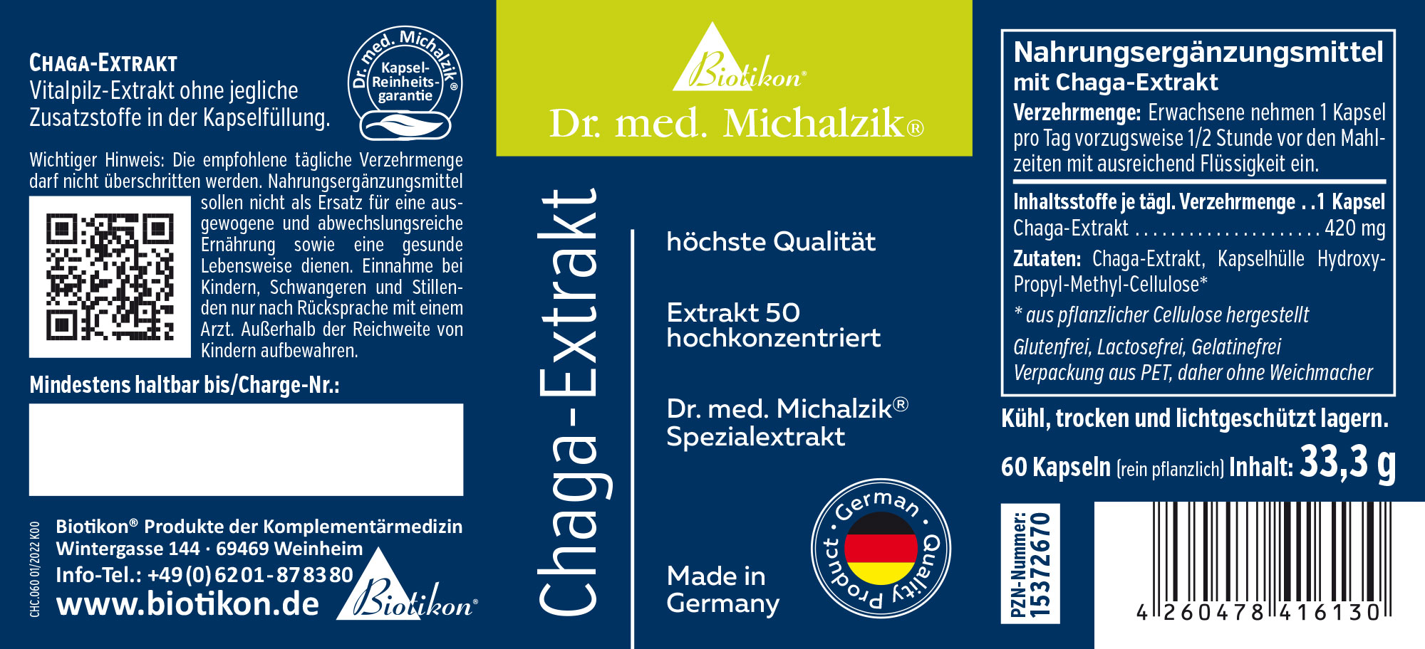Chaga-Extrakt in 60 Kapseln, hochkonzentrierter Vitalpilz-Extrakt, blaue Verpackung