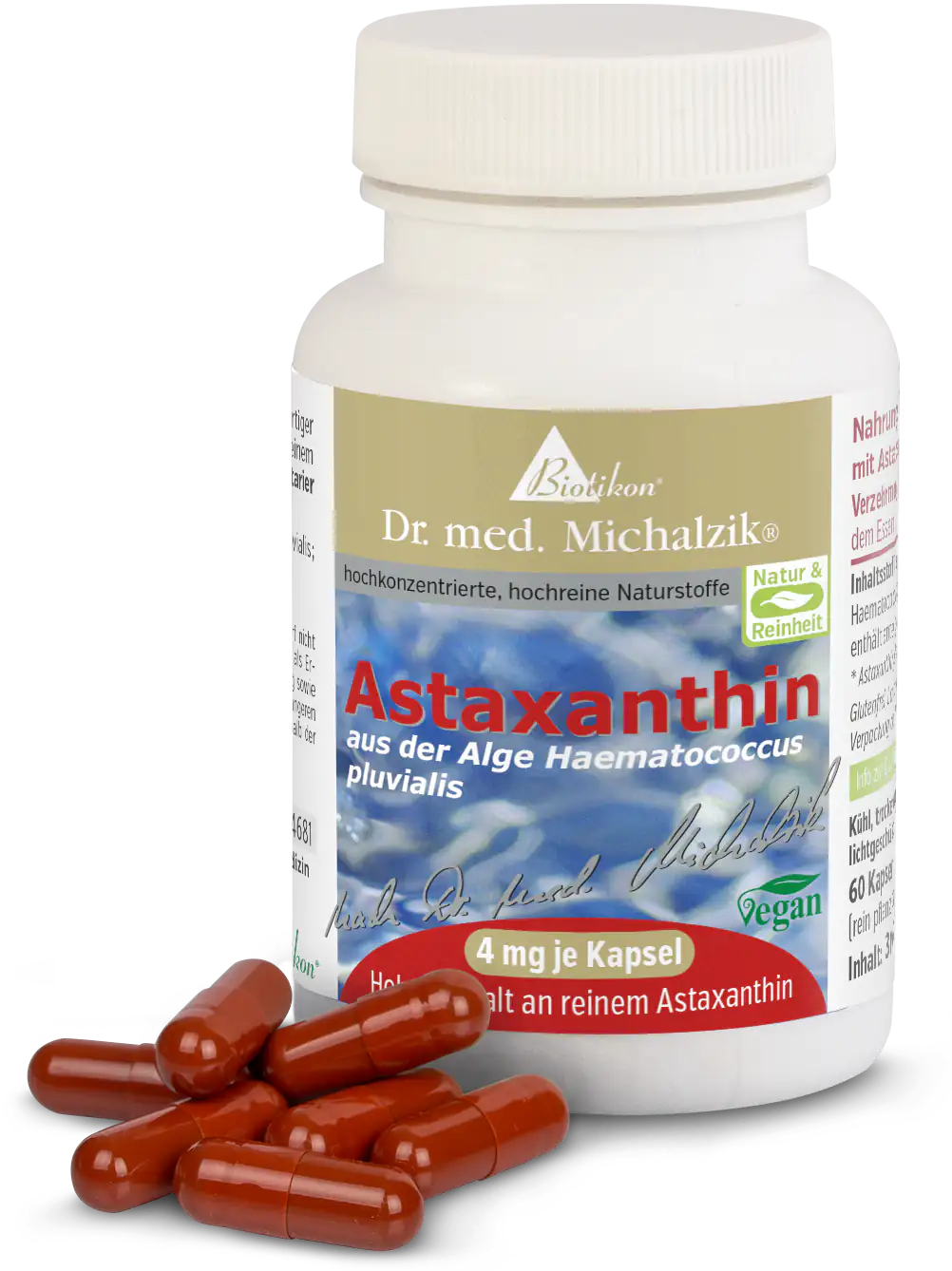 60 Kapseln Astaxanthin aus der Alge Haematococcus pluvialis, rotbraune Kapseln, Verpackung in weißem Behälter.