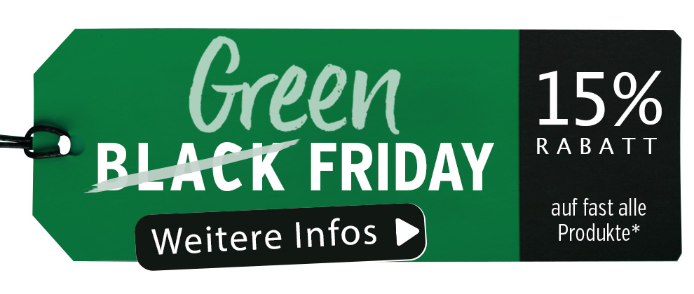 Rabattmarke in grüner Farbe mit schwarzer Schrift, 15% Rabatt auf fast alle Produkte, Blickwinkel von vorne.