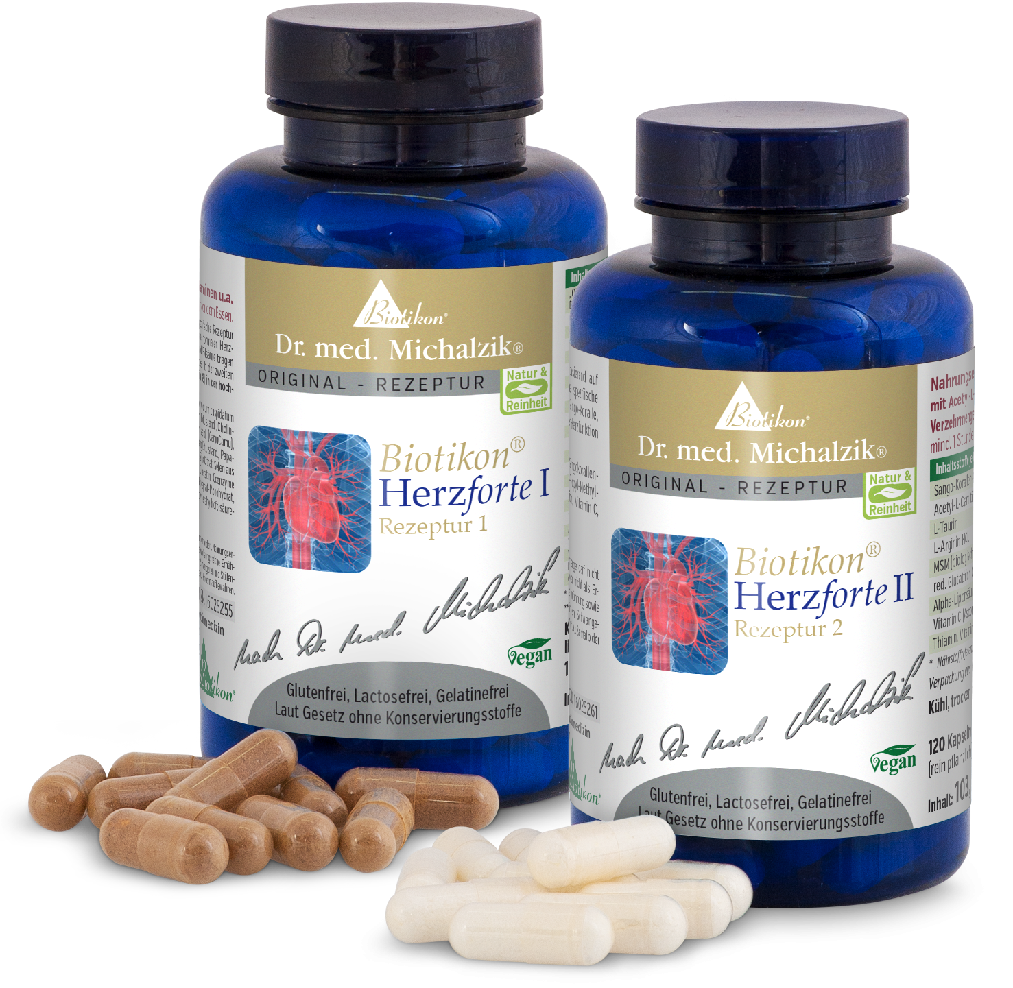 Zwei blaue Flaschen mit Biotikon Herzforte I und II. Kapseln in zwei Farben liegen daneben. Transparentes Hintergrund.