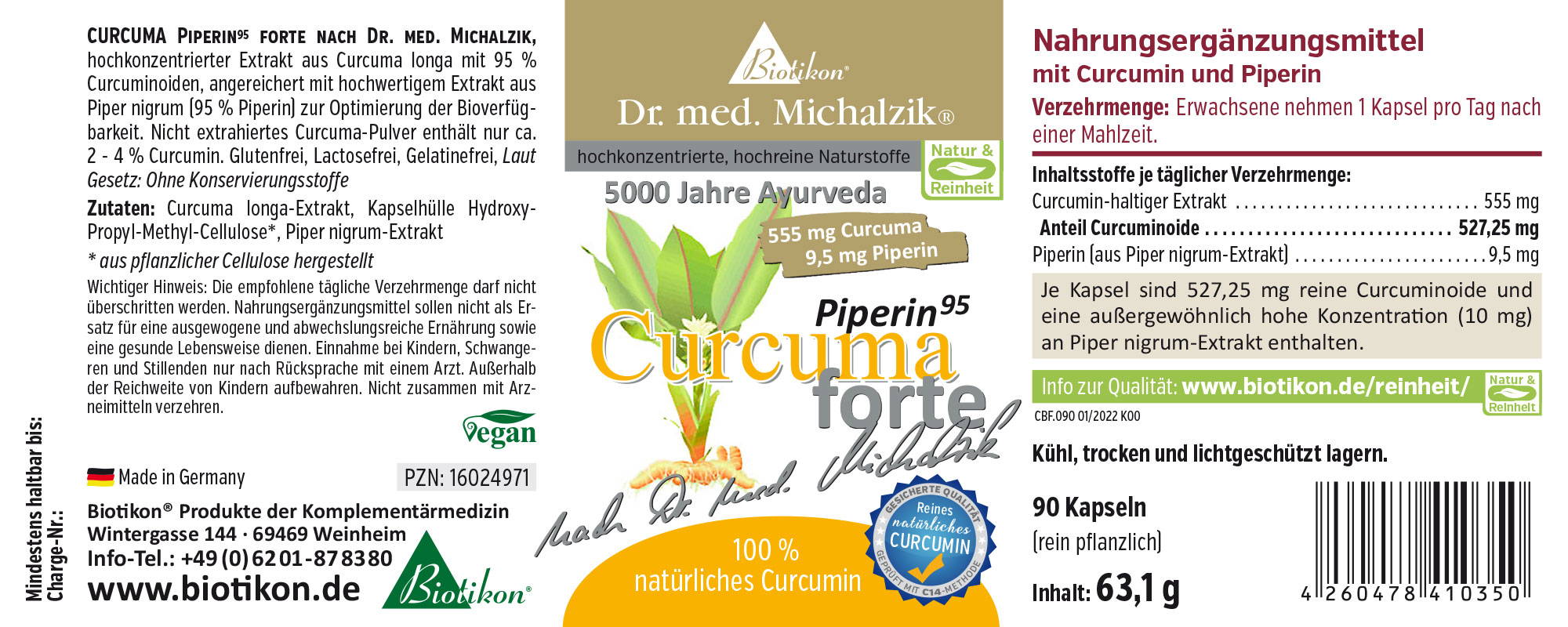 Nahrungsergänzungsmittel Curcuma und Piperin, 90 pflanzliche Kapseln, braun, Verpackung mit Schriftzug und Pflanzenillustration.