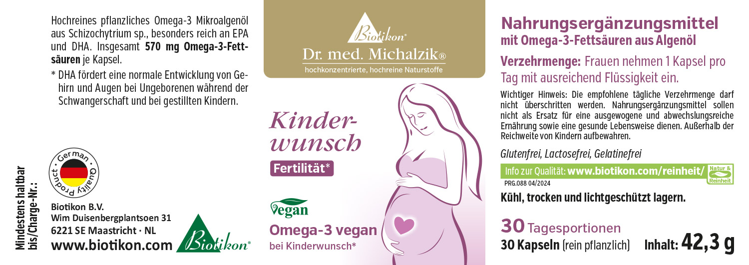 Nahrungsergänzungsmittel Omega-3 aus Mikroalgen, 30 Kapseln, vegan, Verpackung in Rosa und Gold.