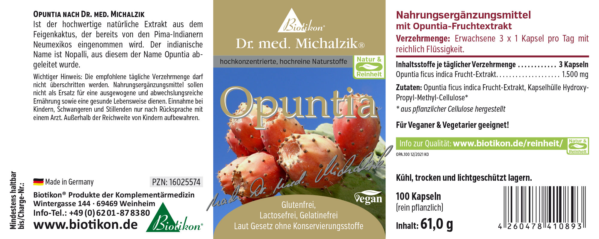 Nahrungsergänzungsmittel Opuntia, 100 Kapseln in einer Verpackung, rot-grüne Farbe, seitliche Perspektive.