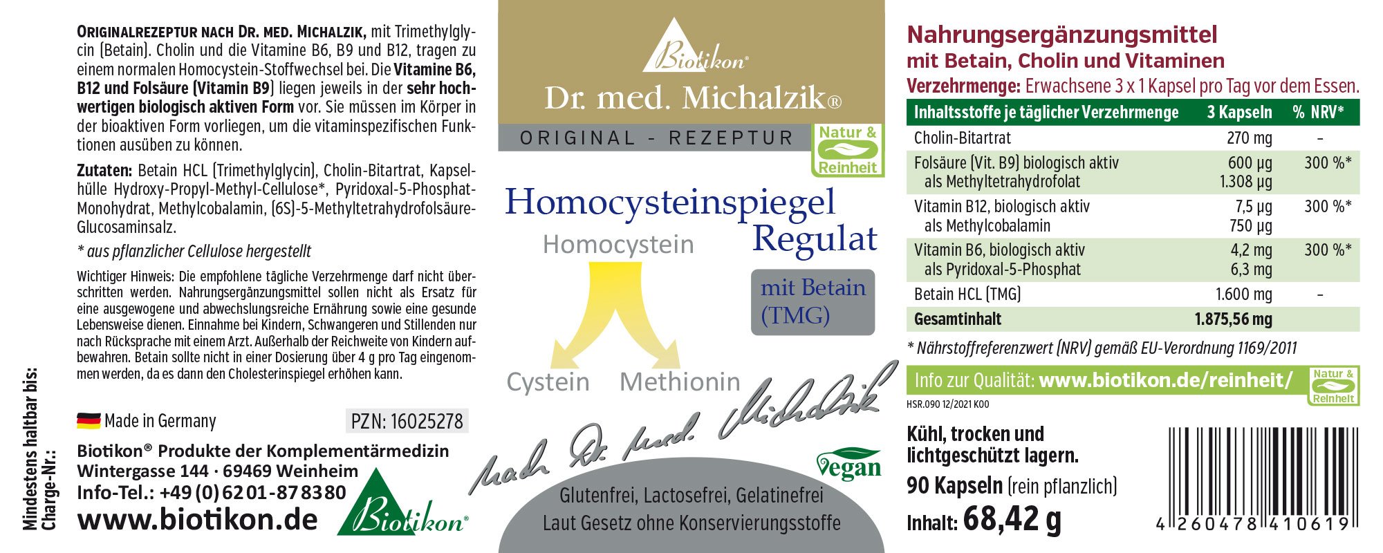 Nahrungsergänzungsmittel in einer grünen Verpackung, 90 Kapseln, vegan, zur Unterstützung des Homocysteinspiegels.