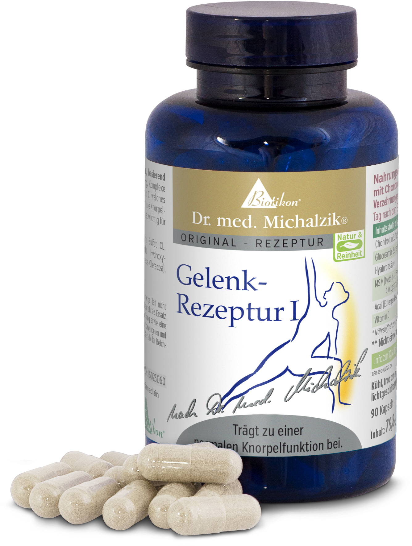 Blaues Fläschchen mit Gelenk-Rezeptur I, 90 Kapseln, umgeben von Kapseln, hell und transparent.