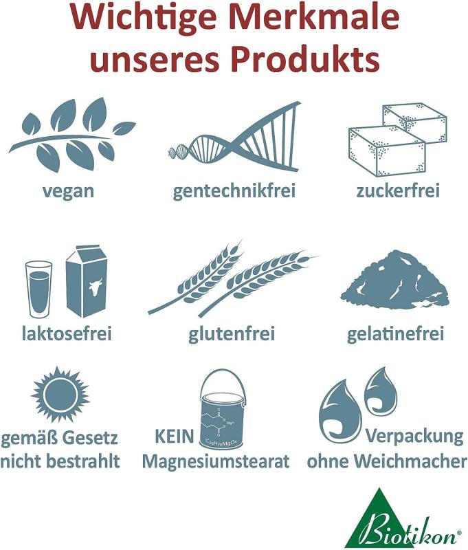 Illustration von wichtigen Produktmerkmalen: vegan, gentechnikfrei, zuckerfrei, laktosefrei, glutenfrei, gelatiniefrei, unbestrahlt, ohne Magnesiumstearat.