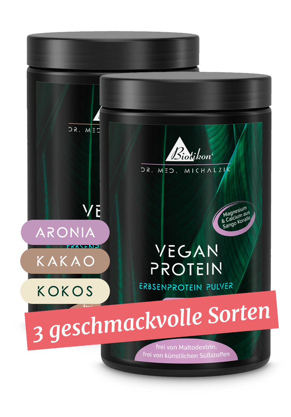 Zwei Behälter mit Pflanzenprotein-Pulver in Aronia, Kakao und Kokos, weiß, Vorderansicht.