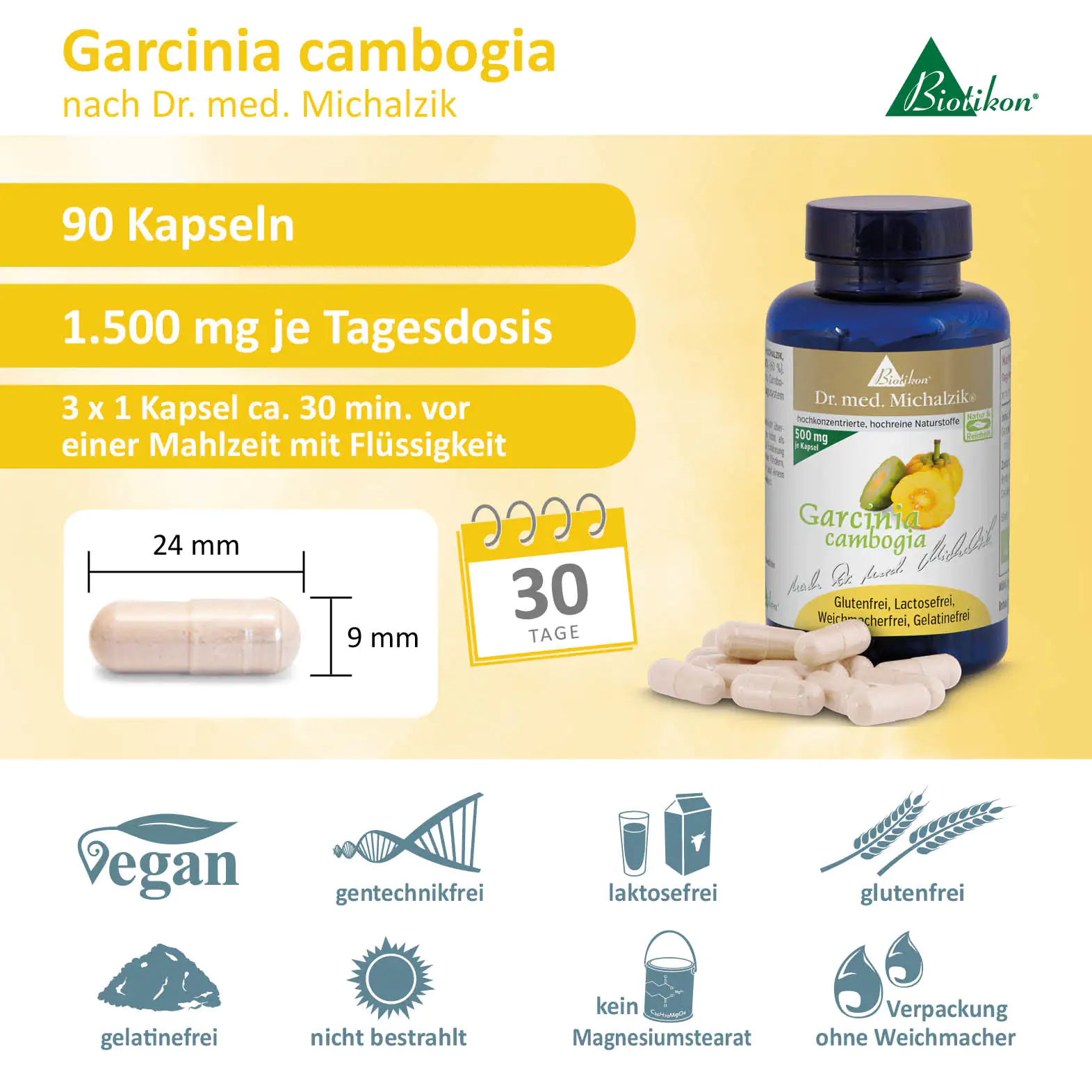 Garcinia cambogia Kapseln in einer blauen Flasche, 90 Stück, 1500 mg pro Tagesdosis. Verpackung mit gelbem Hintergrund.