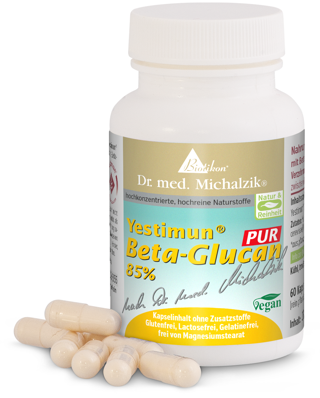Yestimun Beta-Glucan 85%, 60 Kapseln in einem weißen Behälter, Kapseln liegen vorne, farbenfrohe Verpackung.