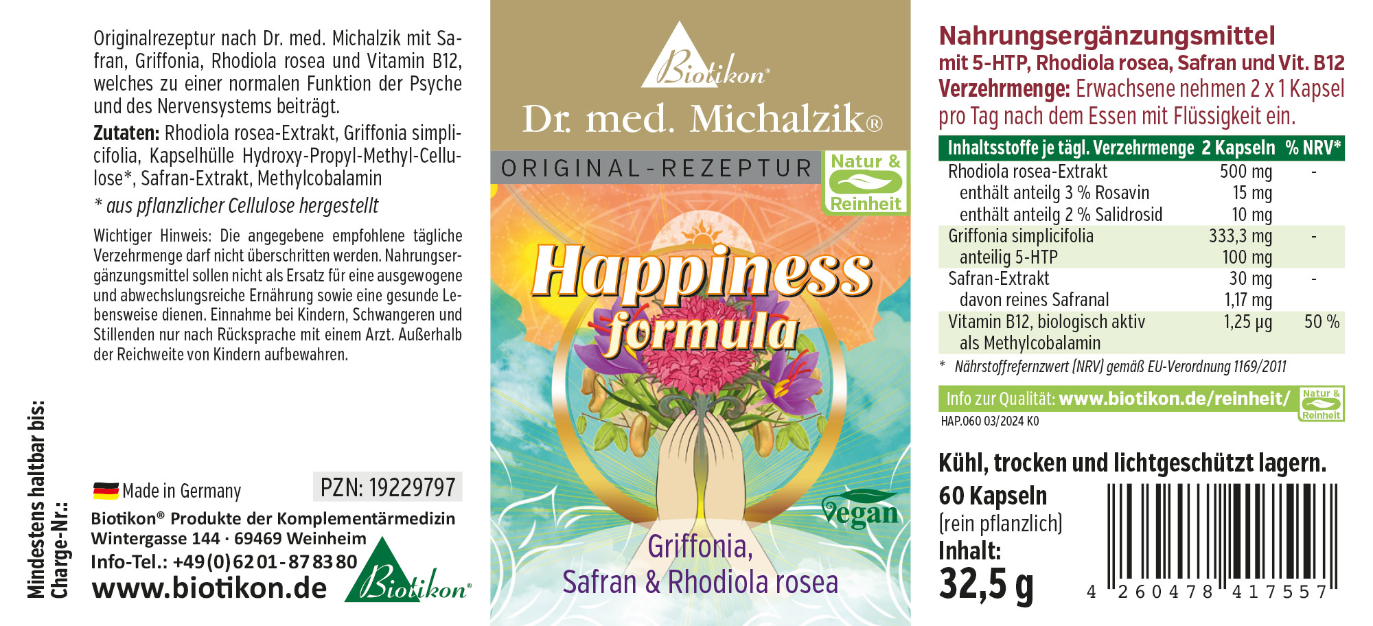 Nahrungsergänzungsmittel in einer Verpackung, enthält 60 Kapseln zur Unterstützung der Psyche, vegan, farbenfroh gestaltete Verpackung.