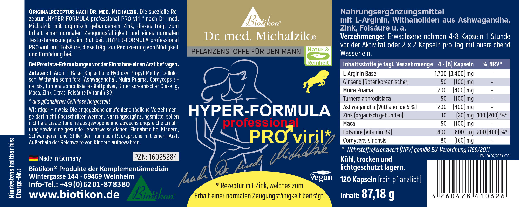 Nahrungsergänzungsmittel in blauer Verpackung, 120 pflanzliche Kapseln, für Männer, mit L-Arginin und Zink.