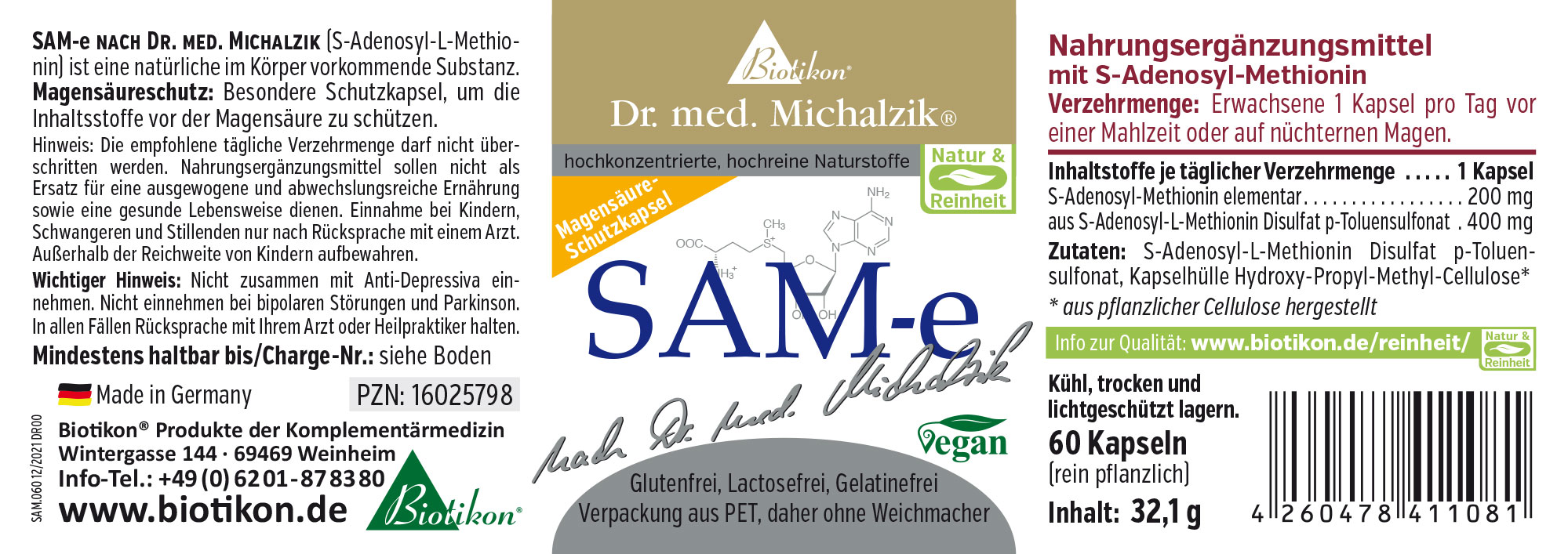 Nahrungsergänzungsmittel SAM-e in einer Verpackung mit 60 veganen Kapseln, farbig und informativ gestaltet.