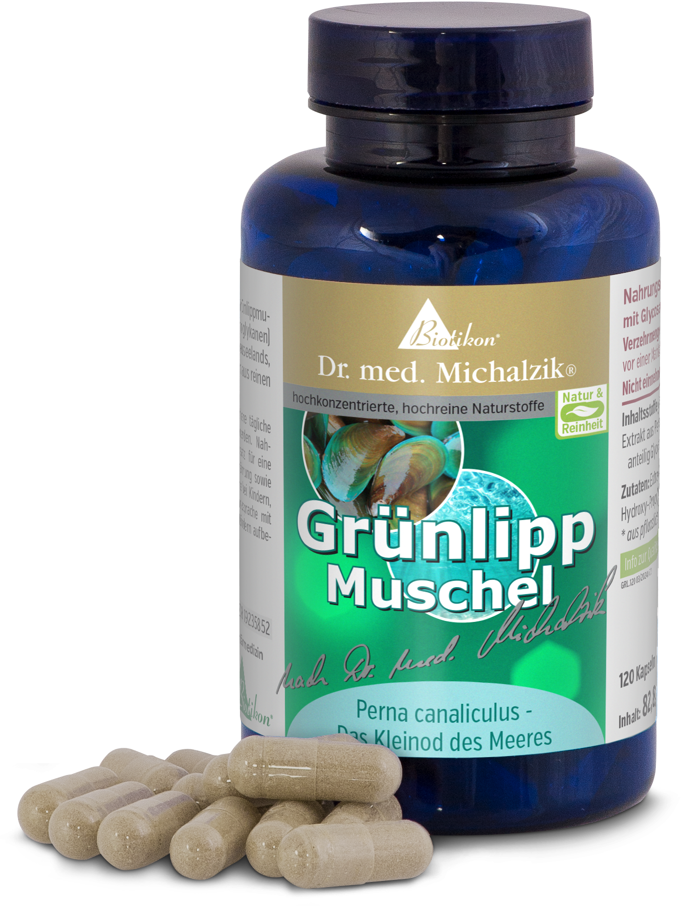 Flasche mit 120 Kapseln Grünlippmuschel, braun transparent, umgeben von mehreren Kapseln.