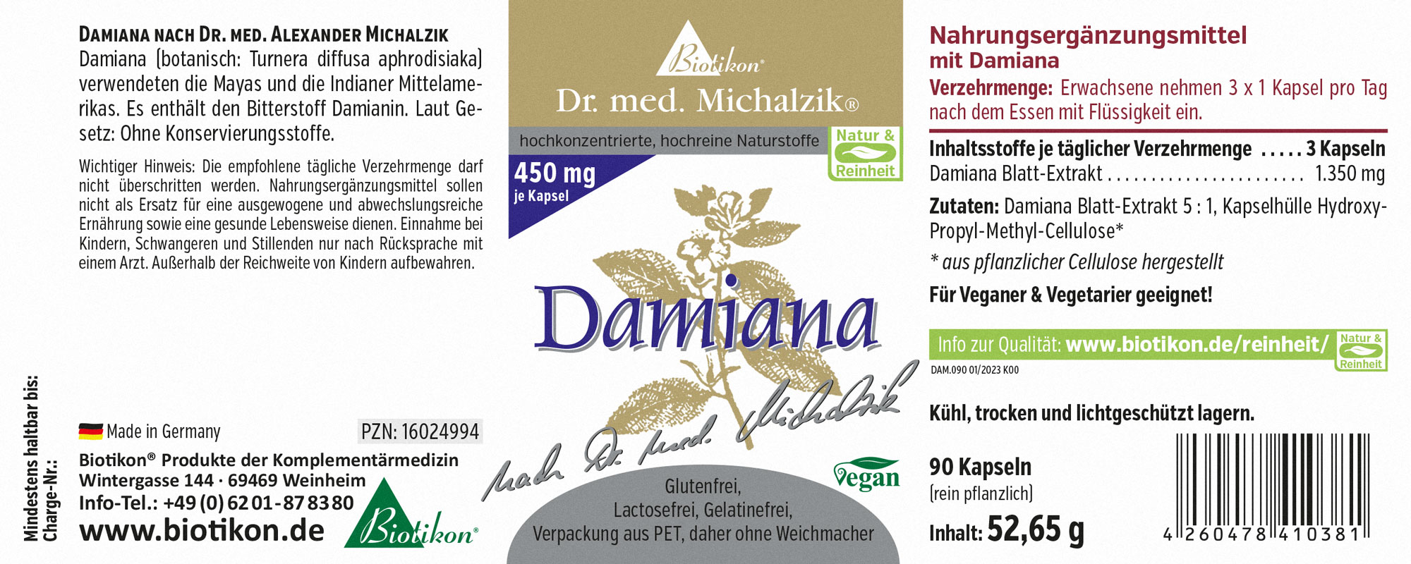 Damiana Nahrungsergänzungsmittel in Kartonverpackung, 90 vegane Kapseln, grün-weiße Farbgestaltung, seitliche Perspektive.
