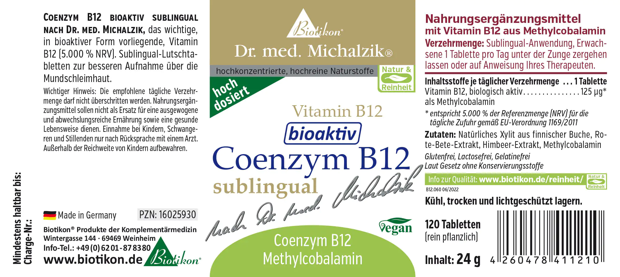 Sublingual-Tabletten mit Coenzym B12, 120 Stück, in einer weißen Verpackung, Vorderansicht.