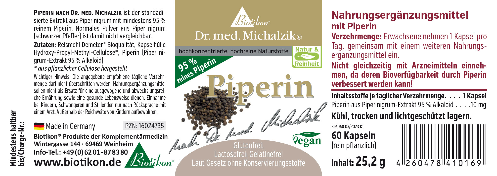 Nahrungsergänzungsmittel Piperin in 60 veganen Kapseln, schwarz, mit grüner Verpackung.