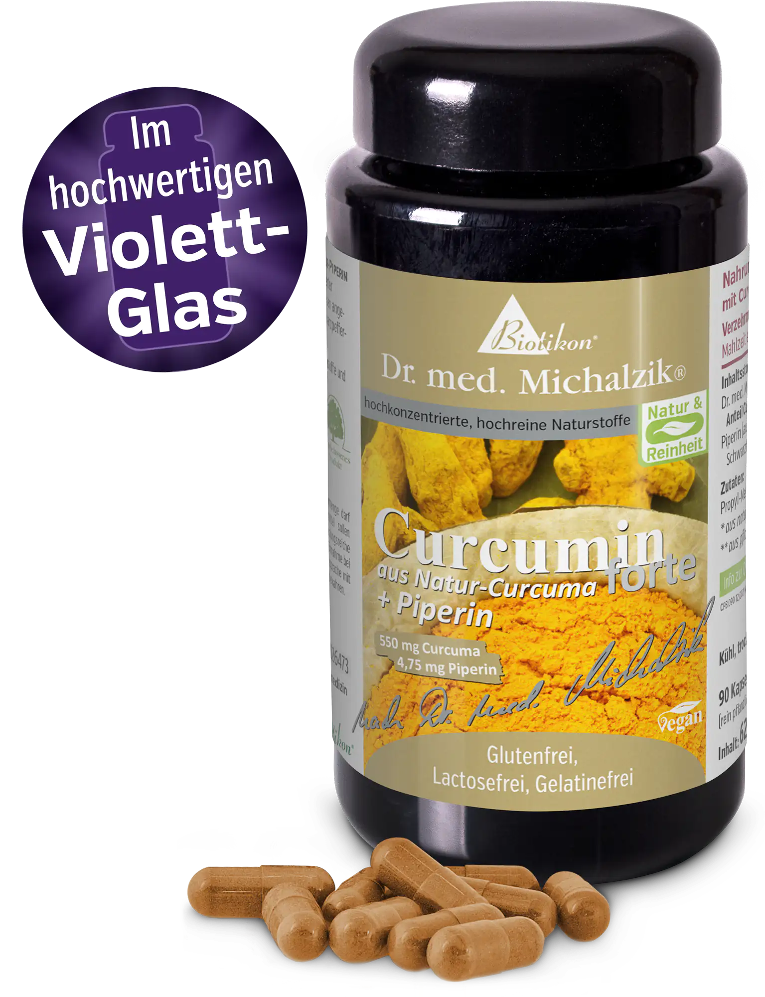 Curcumin aus Natur-Curcuma, 90 Kapseln in dunklem Glasbehälter, vegan.