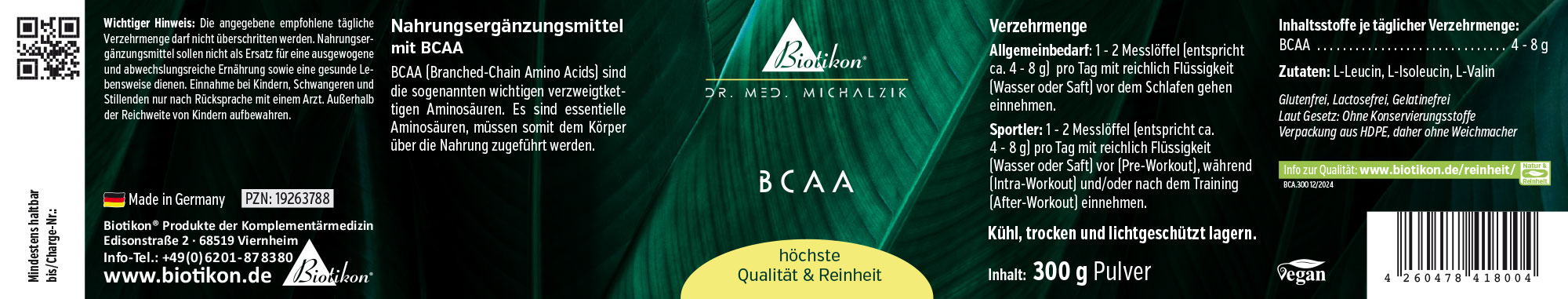 Nahrungsergänzungsmittel BCAA in Pulverform, 300 g, grüne Verpackung, von vorne betrachtet.