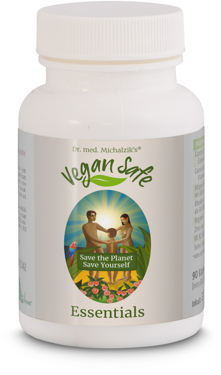 Vegan Safe Essentials in einer weißen Kapsel-Flasche mit 90 Kapseln, vorne mit buntem Etikett und Illustration einer Familie.
