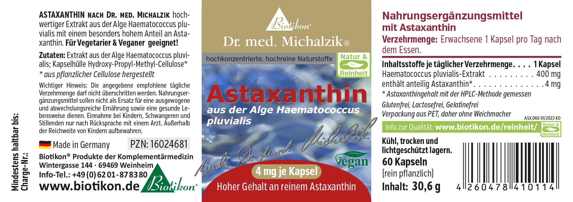Astaxanthin Nahrungsergänzungsmittel in Kapseln, 60 Stück, vegan, farbenfrohe Verpackung.