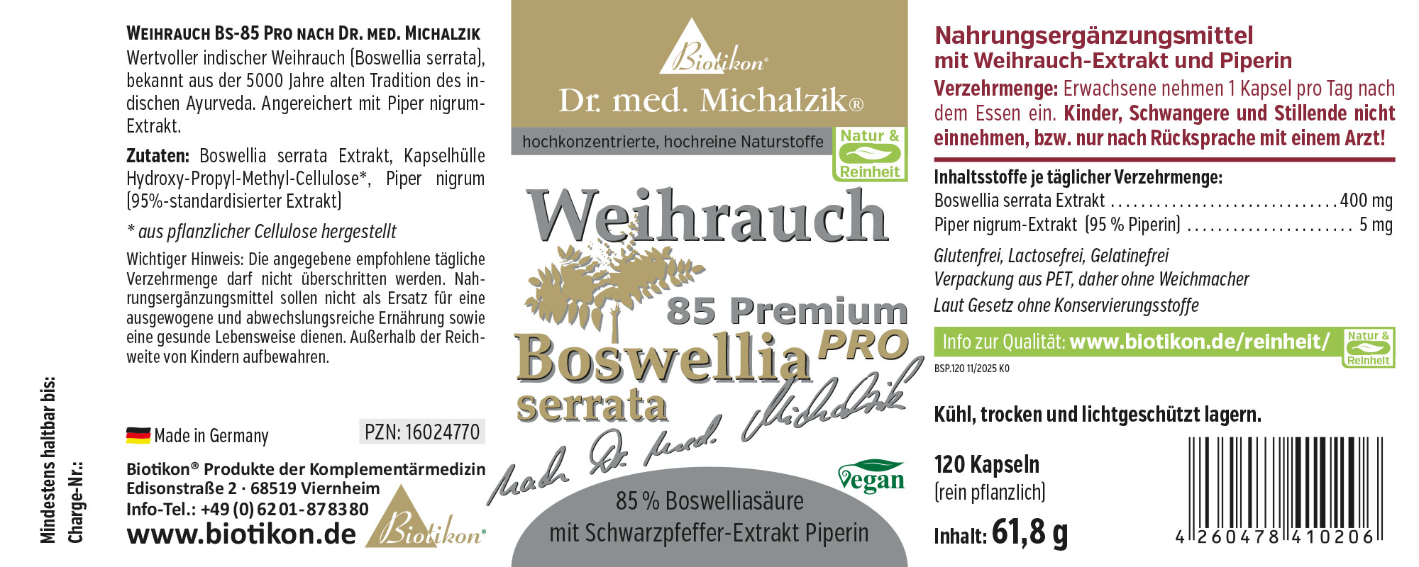 Nahrungsergänzungsmittel mit Weihrauch-Extrakt, 120 Kapseln in PET-Verpackung, vegan und glutenfrei.