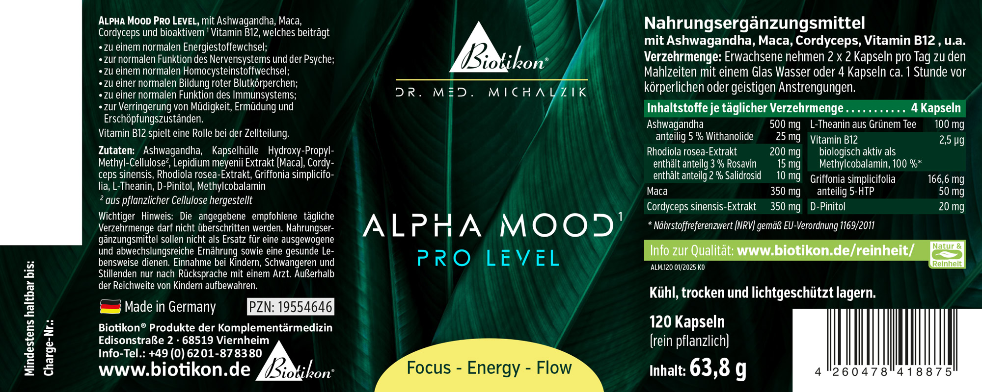 Nahrungsergänzungsmittel Alpha Mood Pro Level in einer bläulichen Verpackung, 120 Kapseln, mit ayurvedischen Inhaltsstoffen.