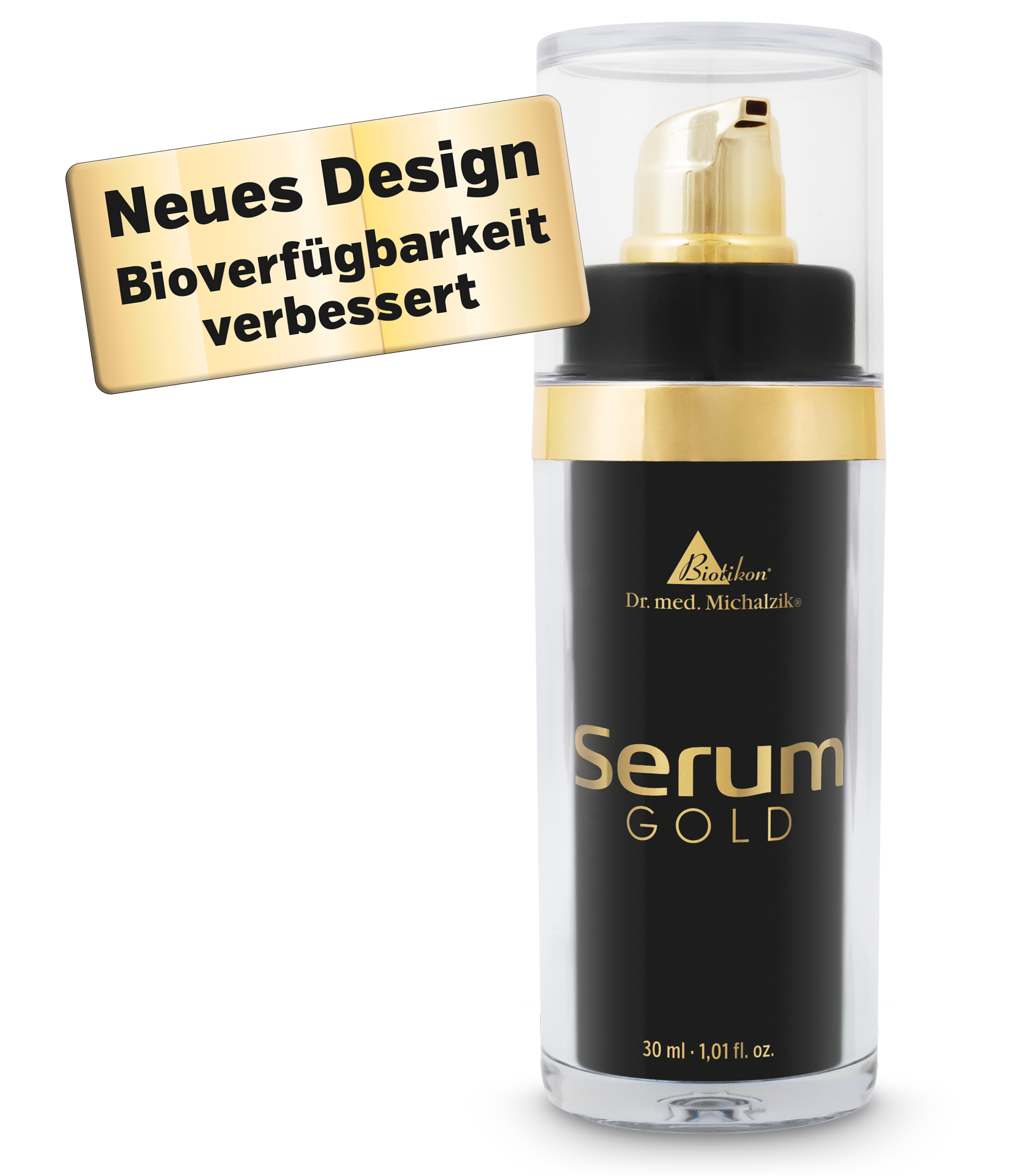 Serum Gold in einer transparenten 30 ml Pumpflasche, schwarze und goldene Verpackung, neues Design.