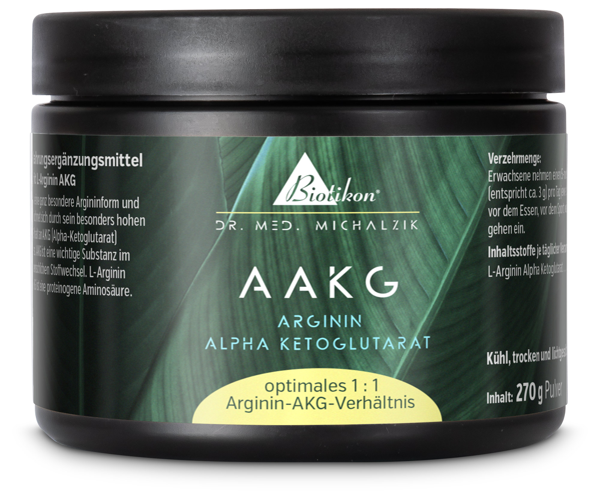 Pulver für AAKG mit 270 g Inhalt in schwarzer Dose, leicht herausnehmbar, grüne Akzentfarbe.