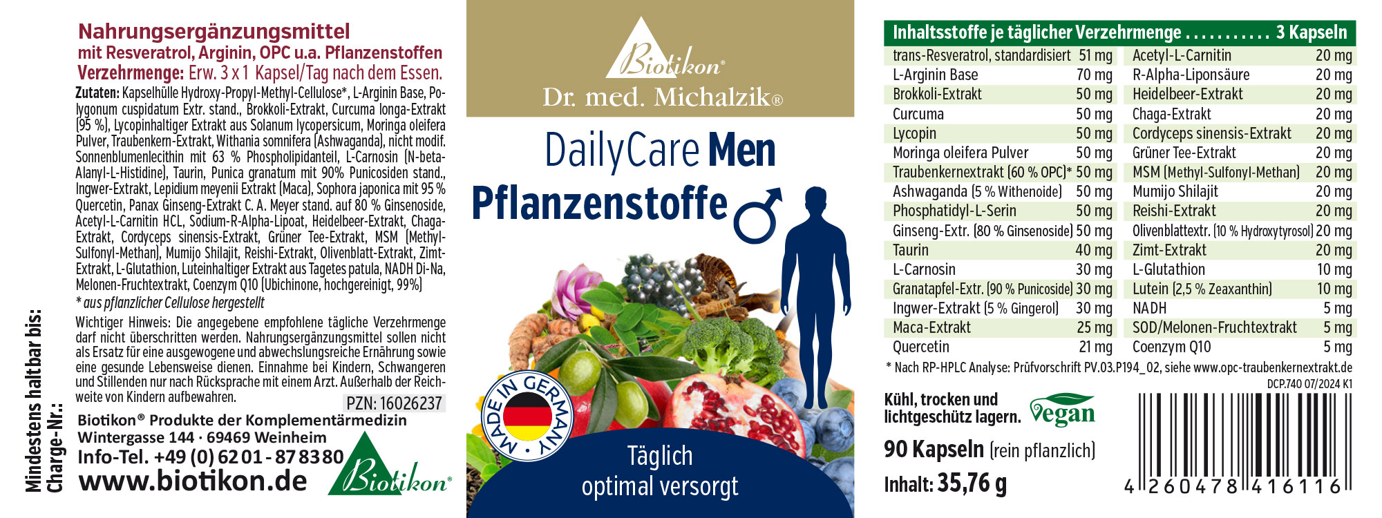 90 Kapseln sorgfältig verpackt, Nahrungsergänzungsmittel für Männer mit verschiedenen Pflanzenstoffen.