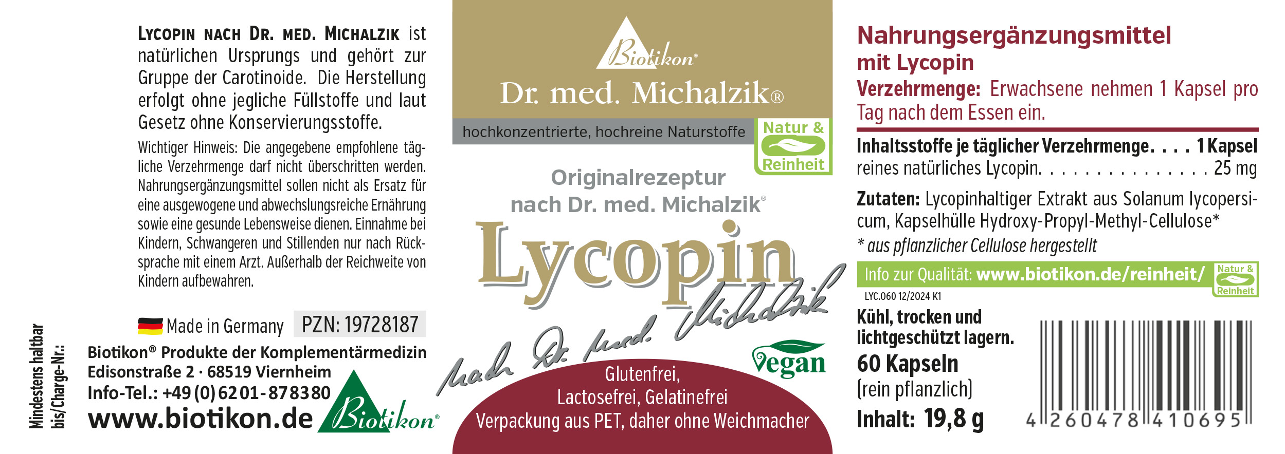 Lycopin Nahrungsergänzungsmittel, 60 Kapseln in PET-Verpackung, vegan, naturbelassen.