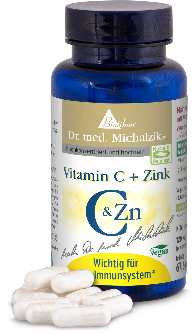 Blaue Flasche mit 120 veganen Kapseln, Vitamin C und Zink, Kapseln auf einem weißen Untergrund.