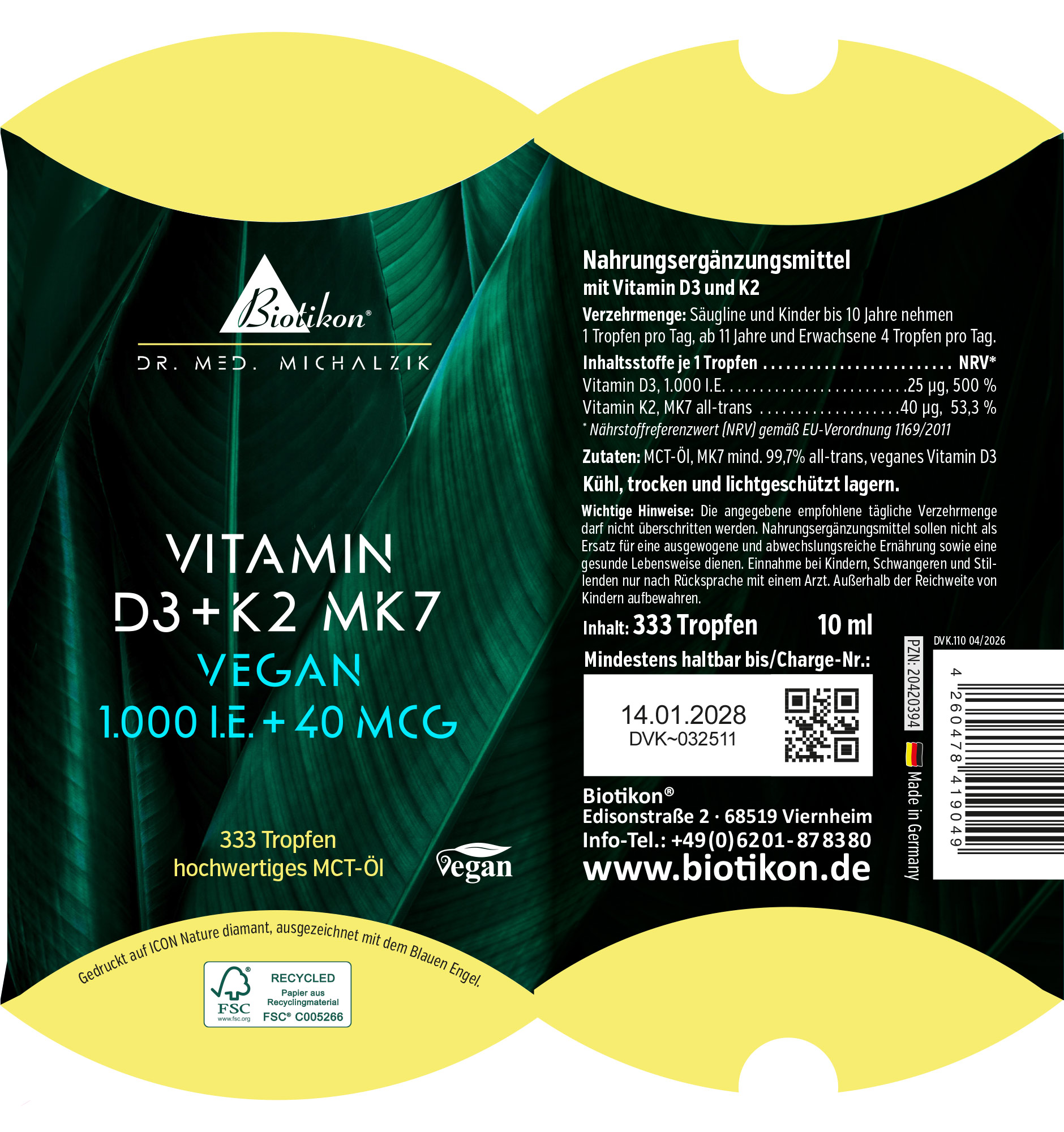Kosttillskott med vitamin D3 och K2, 333 droppar, 10 ml, grön förpackning, vegansk, vy framifrån.
