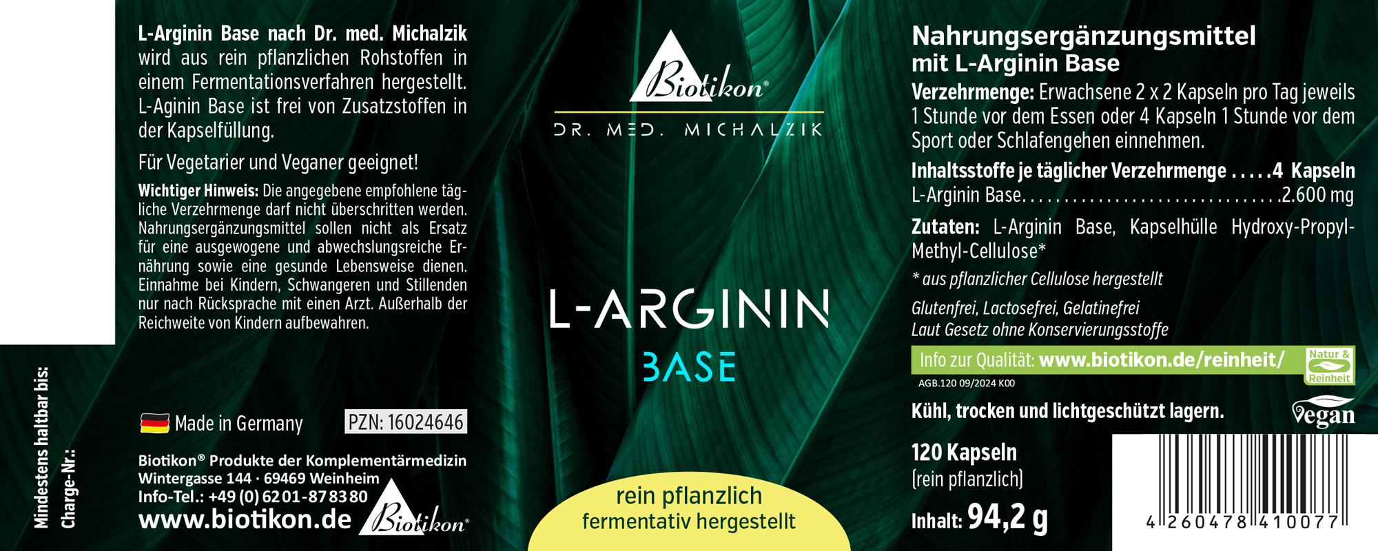 Nahrungsergänzungsmittel L-Arginin Base, 120 Kapseln in dunkler Verpackung, vegan und rein pflanzlich.