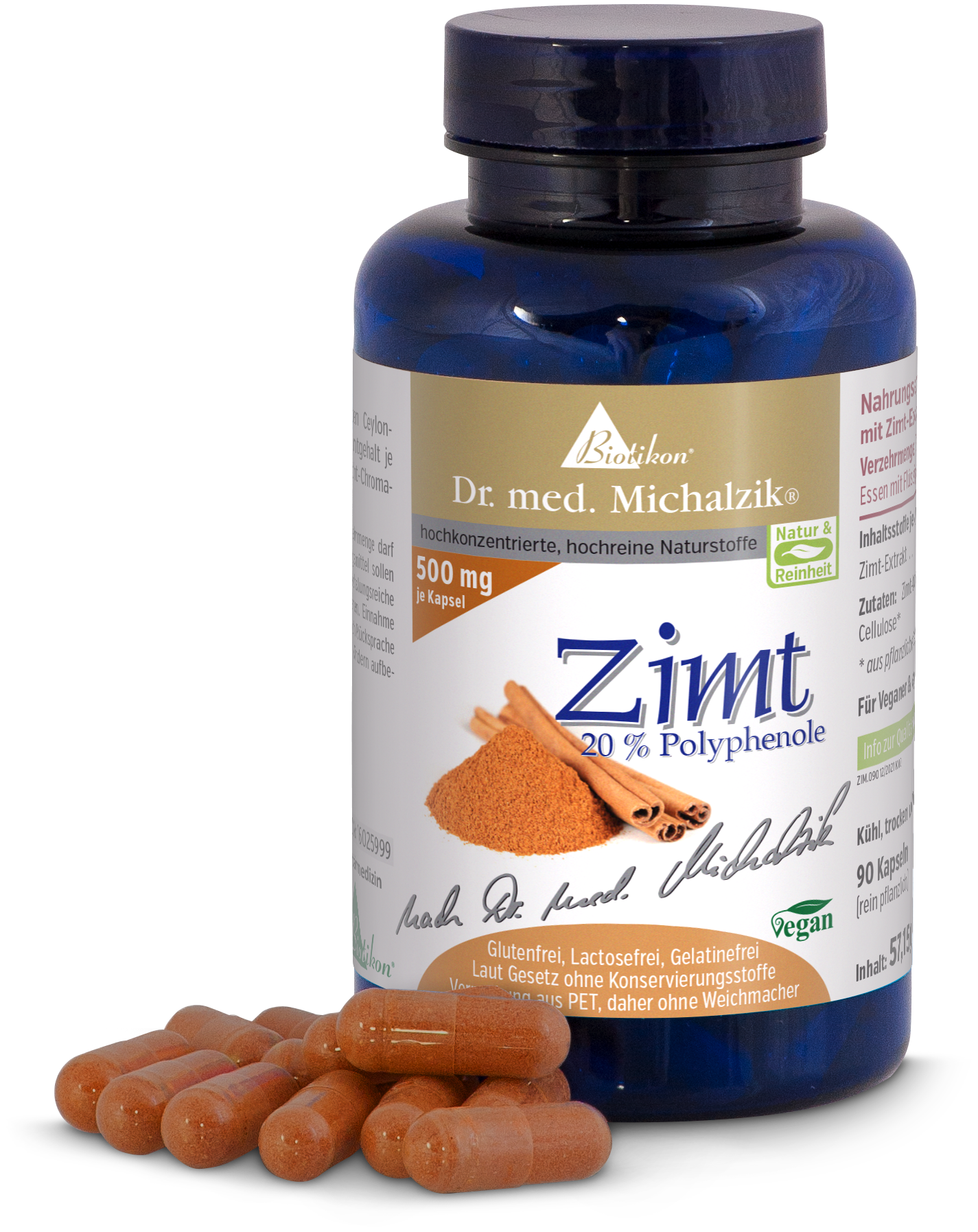 Blaue Flasche mit 90 Zimt-Kapseln, braune Kapseln, vegane Formulierung.