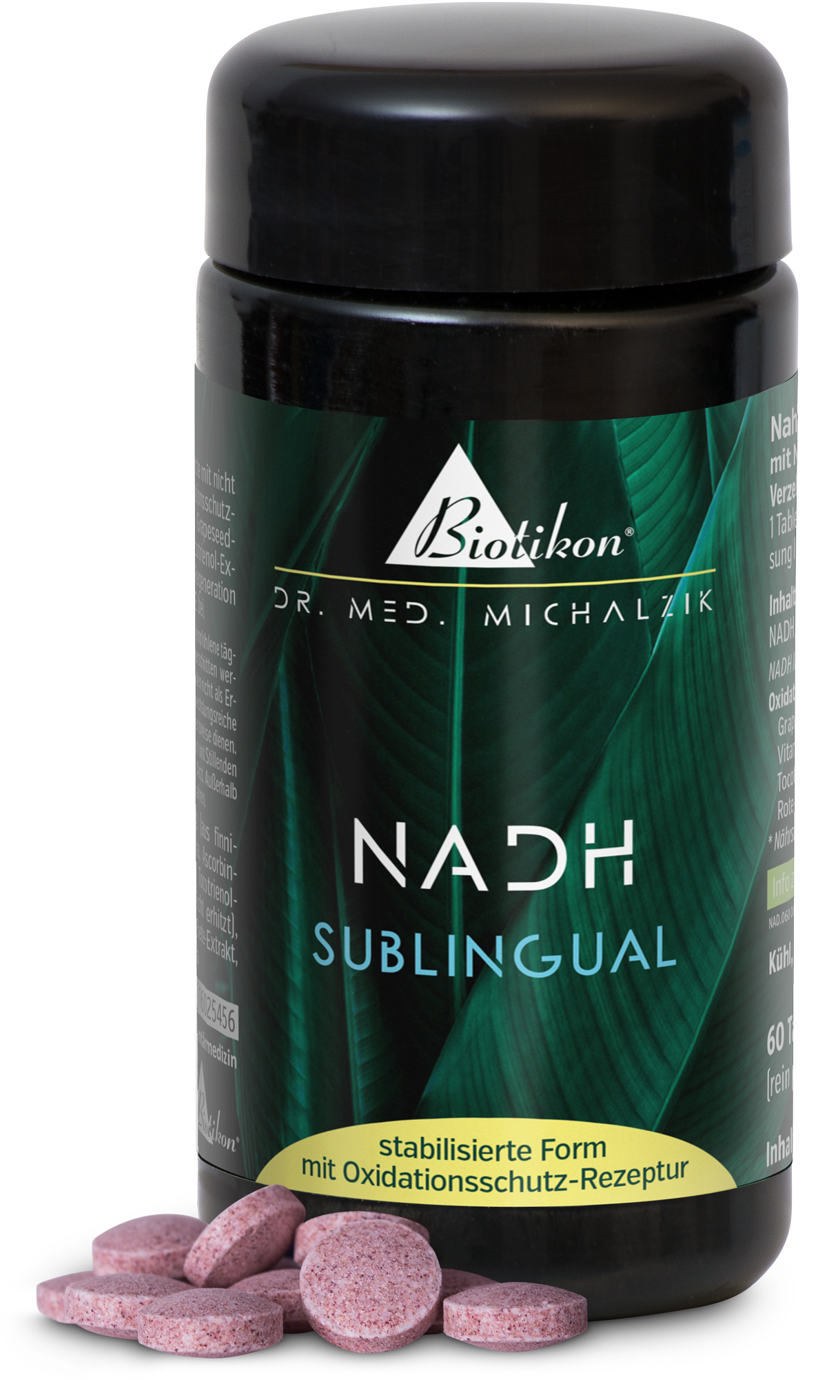 NADH sublinguale Tabletten in einer schwarzen Flasche, enthält 60 pinkfarbene Tabletten, vegan und glutenfrei, auf einem weißen Hintergrund.