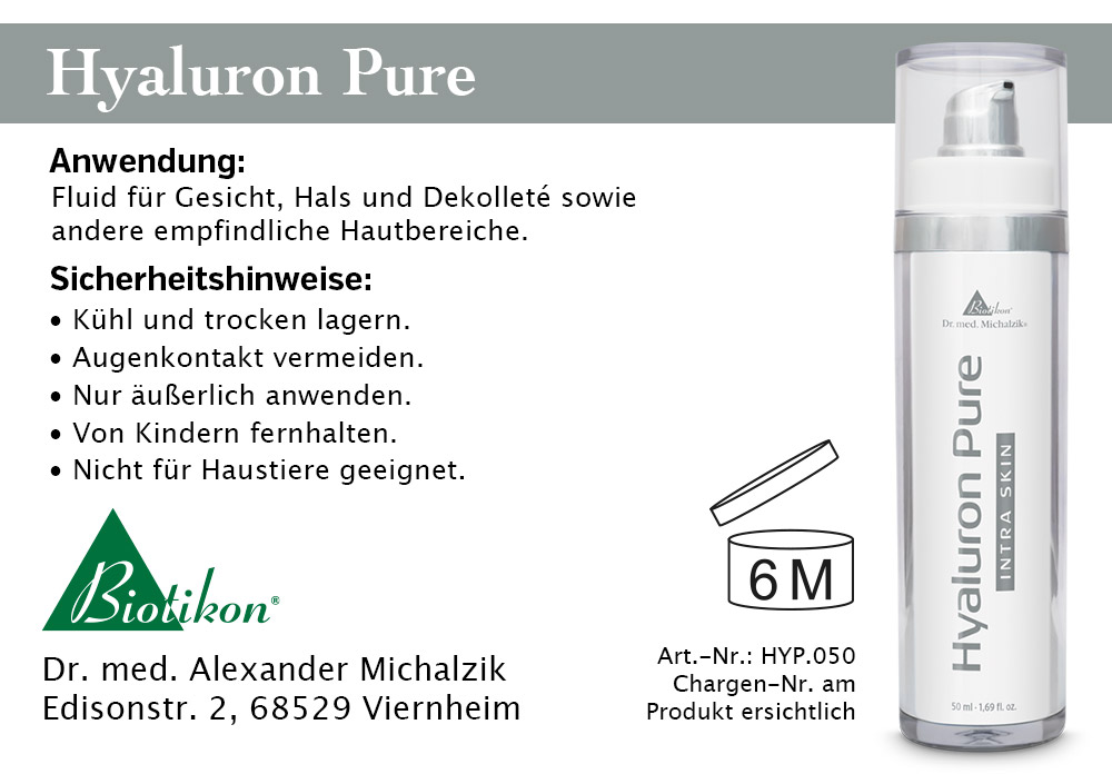 Hyaluron Pure, 50 ml Fluid in Spenderflasche, klar, mit Pumpe, für Gesicht und Dekolleté.