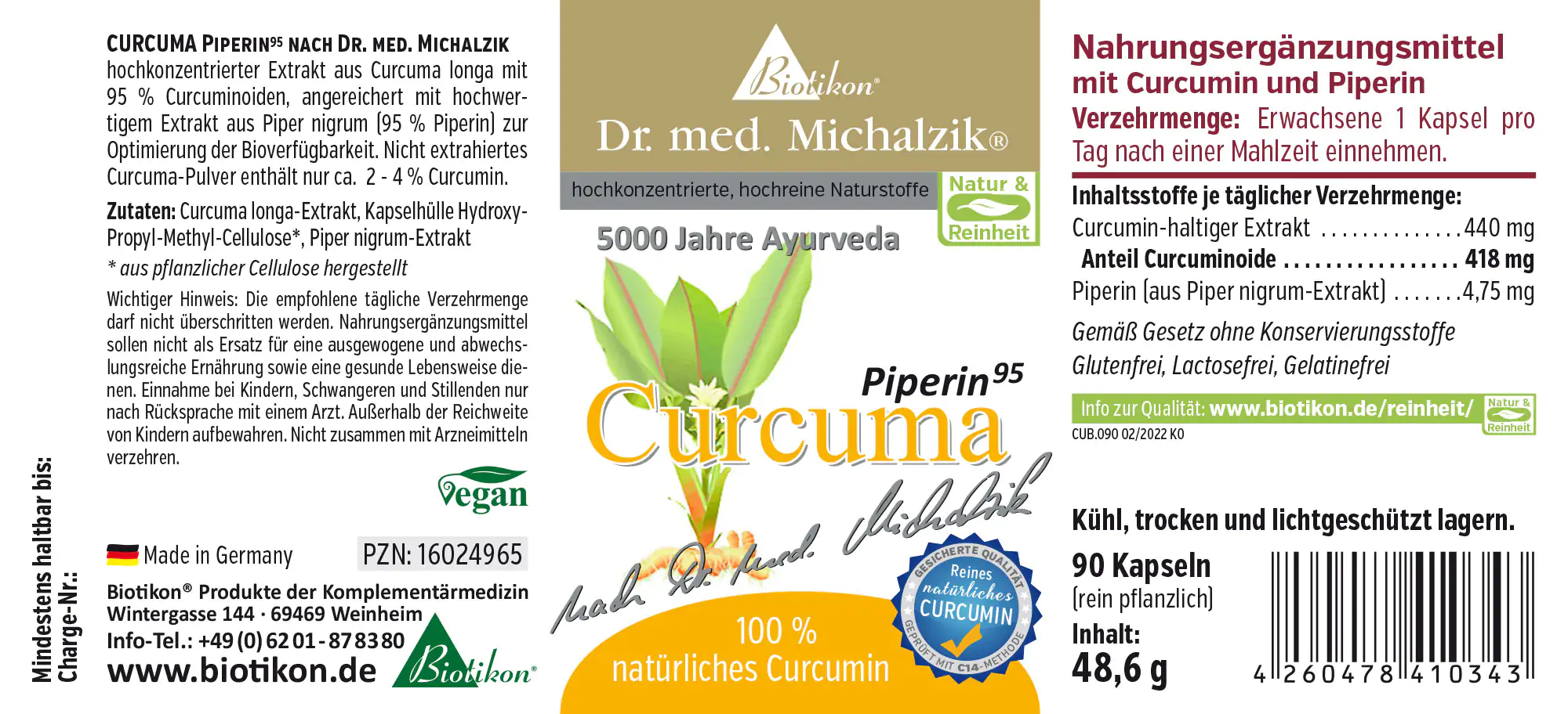 Nahrungsergänzungsmittel mit Curcuma und Piperin, 90 pflanzliche Kapseln, grün-weiße Verpackung, seitliche Ansicht.