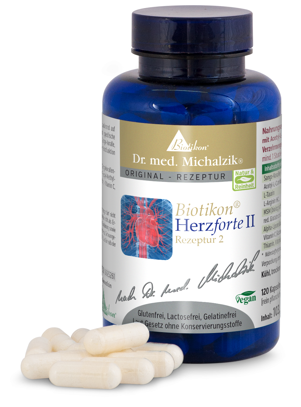 Blauer Glasbehälter mit 120 Kapseln, weiß, auf einem weißen Hintergrund, seitliche Perspektive.