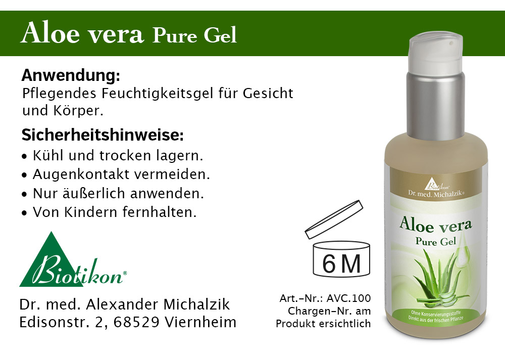 Pflegendes Aloe Vera Gel in 100 ml Flasche, durchsichtig mit Pumpverschluss, für Gesicht und Körper.