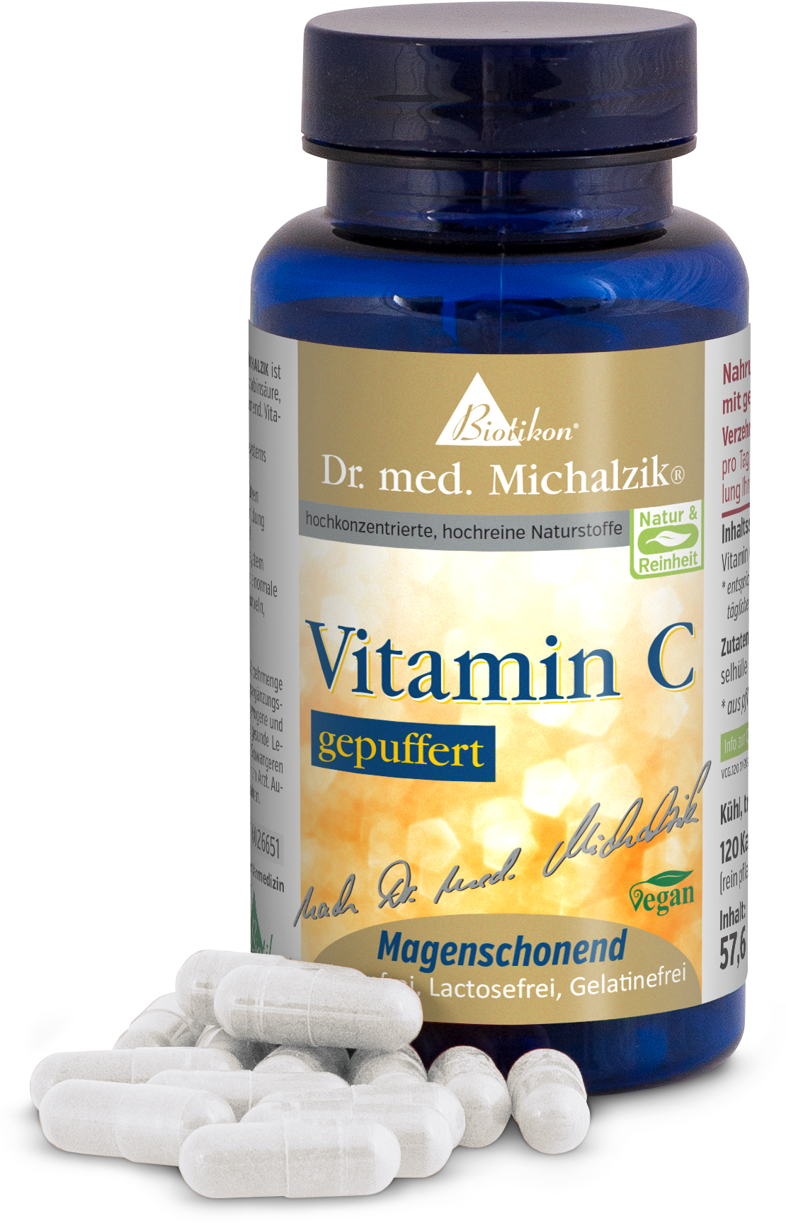 Blaue Flasche mit 120 gepufferten Vitamin C Kapseln, transparent, vegan und magenschonend.