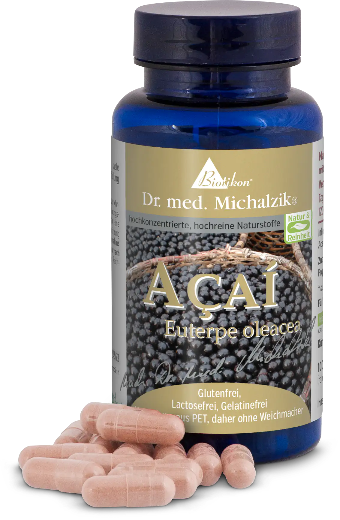Açaí 1000 mg – Kapseln Blaues Fläschchen mit Açaí-Kapseln, 120 Stück, gefüllt mit rosa Kapseln, aus PET.
